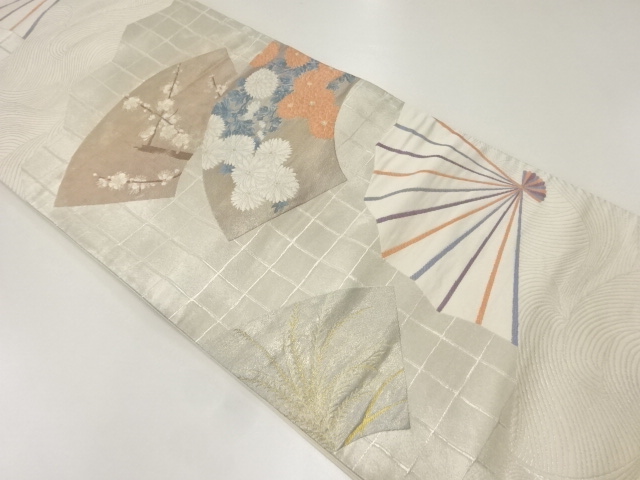 リサイクル　「波濤草花扇面屏風」織出し袋帯